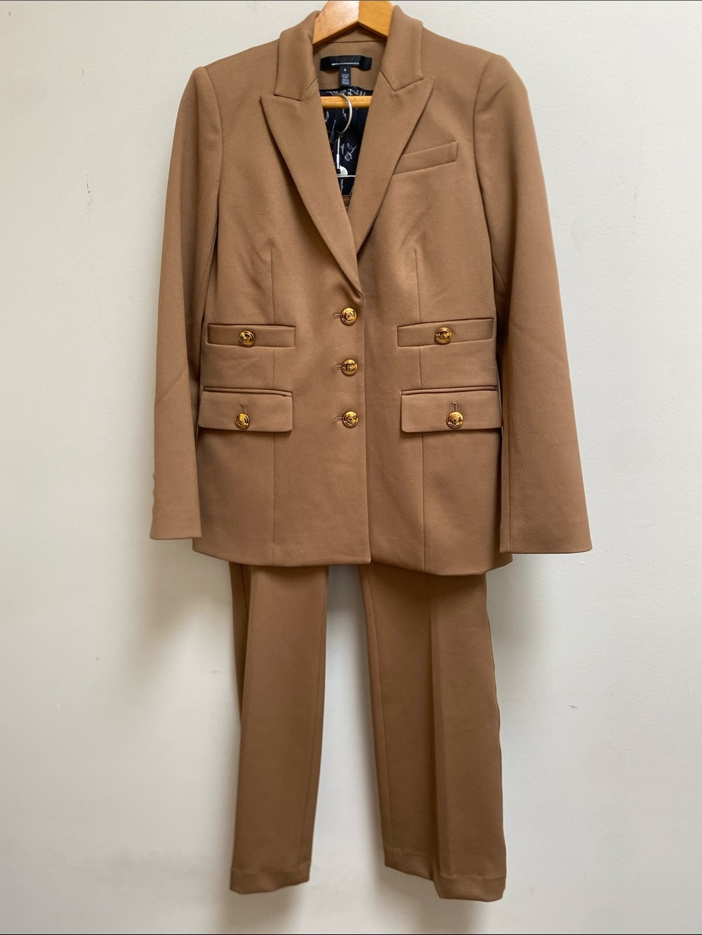 Women's Tailored White House/Black Market Camel Pants Suit w/ Gold Button Detail